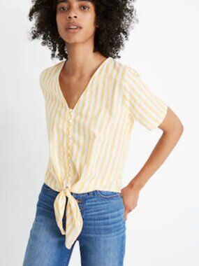 Madewell Agency Tie-Front Vneck Button Top - sz S - Yellow / White Stripe